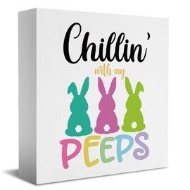 Farmhouse Easter Bunny Wooden Box Sign Desk Decor Easter Decorations Rustic Decorative Wood Block Plaque Easter Sign Rabbit Decor for Home Cubicle Table Shelf Bedroom Wall Cabinets Tiered Tray