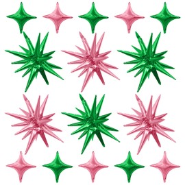 Pink Green Star Balloons,Explosion Star Balloons Kit with 6Pcs 22Inch Cone Star Foil Balloons and 10Pcs 10Inch Four Pointed Star Balloons for Witch Birthday Anniversary Disco Party Decorations