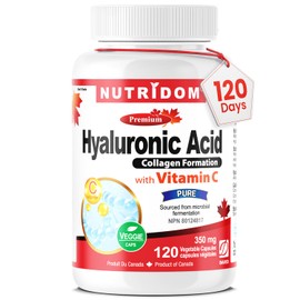 Nutridom Hyaluronic Acid Supplements 200mg with Vitamin C (120 count) Vegan, Non-GMO, Gluten-free, Dairy-free, and Soy-free