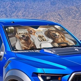 Pensura Windshield Sun Shade Foldable Decorative Auto Front Window Shade Funny Golden Retriever Family Print UV Ray Reflector Car Accessiores Universal Fit Most Cars(L, 66.53”x34.44”)