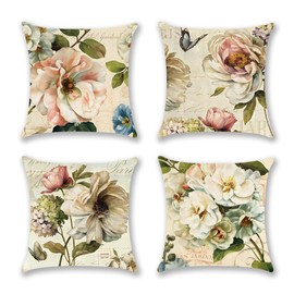 White Floral Pillow Covers 18X18, Outdoor Garden Flowers Pillow Case, Vintage Cushion Covers for Sofa, Couch, Patio Home Summer Decoration