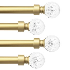 knobelite 4 Pack Gold Window Treatment Single Curtain Rods, Adjustable Curtain Rod from 22 to 48 Inches with Crystal Finial Finials,1-Inch Curtain Rods for Windows