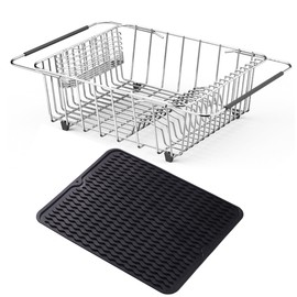 NiuYichee Stainless Steel Dish Drying Rack(15.2"L X 13"W X 5.8"H), Expandable Fruit & Vegetable Drain Rack over Sink, Dish Drainer Rack in Sink, with Stainless Steel Utensil Holder & Silicone Mat(16")