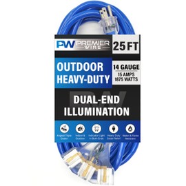 25 ft - 14 Gauge Heavy Duty Extension Cord - Lighted on Both Ends - SJTW Blue - Outdoor Extension Cord 25 ft by Premier Wire - 15 Amp Extension Cord (25 Foot 14-Awg Power Cord Blue)