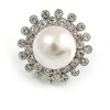 Statement Crystal Faux Pearl Floral Clip On Earrings In Silver