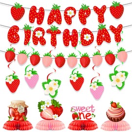 Berry First Birthday Party Decorations,Strawberry Themed Happy Birthday Banner&Bunting Sweet One Honeycomb Centrepieces Birthday Decorations For 1st Baby Girls