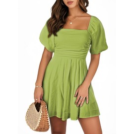 AlvaQ Rompers for Women 2025 Cute Short Jumpsuit with Pockets Casual Solid Color Puff Sleeve Square Neck Babydoll Mini Dress Shorts Romper Jumpsuits,Green,Medium