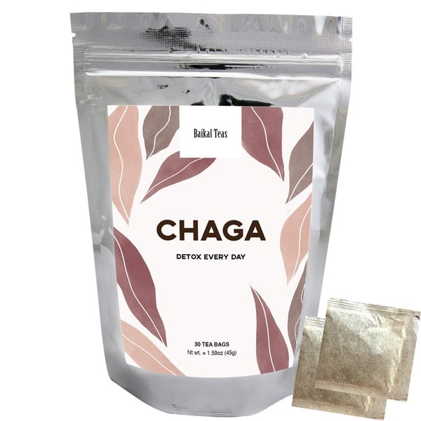 Chaga Tea - 100% Wild Siberian Chaga Mushroom - Organic - 30 Unbleached Tea Bags - Pure No Additives - Natural Detox and Digestive Support - Hand-Picked by Baikal Tea