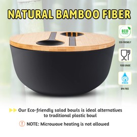 ECOWAY Bamboo Fiber Salad Bowl with Lid & Servers, 4Qt, Melamine Salad Serving Bowls Set with Bamboo Lid, Salad Mixing Bowl with Spoon Fork for Fruits Vegetables and Pasta (Black, 9.8inch)