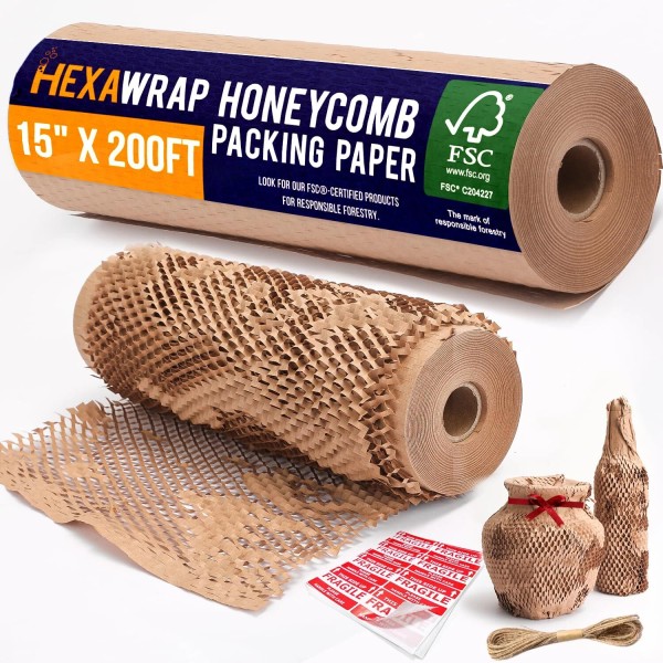 HEXAWRAP Honeycomb Packing Paper 15" x 200ft with Rope &