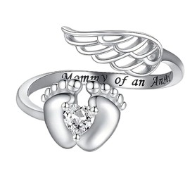 925 Sterling Silver Plated Miscarriage Gifts for Mothers Mommy of an Angel Wings CZ Ring Loss Memorial Sympathy Created Birthstone Jewelry for Mom Women Size 9#
