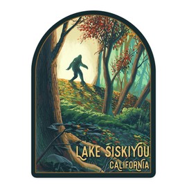 Die Cut Sticker Lake Siskiyou, California, Wanderer, Bigfoot in Forest, Vinyl Sticker 3 to 6 inches, (Waterproof Decal for Cars, Water Bottles, Laptops, Coolers), Large