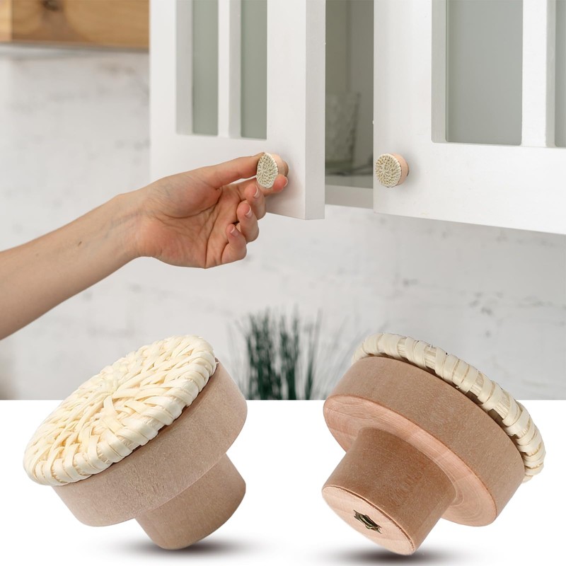 Seimneire 6 Pcs White Boho Rattan Dresser Knobs, Wooden Drawer