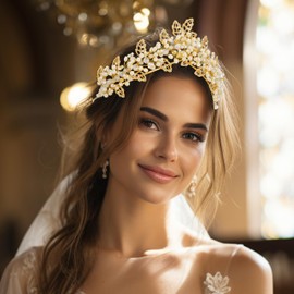 Fashband Boho Leaf Headband Golden Crown Tiara Bridal Wedding Beaded Headpiece Hair Accessories for Women, Metal