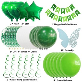 UOMYLEIR Green Birthday Decorations, Happy Birthday Banner for Kids, Glitter Hanging with Butterfly, Birthday Bunting Banner with Balloons