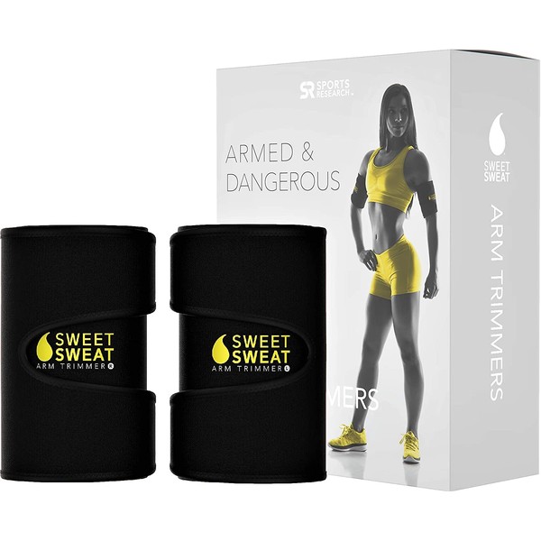 Sweet Sweat Arm Trimmers for Men & Women | Increases Heat & Sweat Production to The Bicep Area | Includes Mesh Carrying Bag (Yellow Logo, Large)