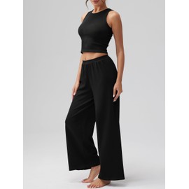 OQQ Women's 2 Piece Outfits Casual Ribbed Sleeveless Crop Tops Wide Leg Pants Tracksuit Sets Black