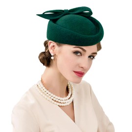 ORIDOOR British Style Pillbox Hat Women Church Wedding Winter Vintage Fascinator Beret 100% Wool Felt Hat with Veil 03b-Green