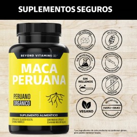 Maca Peruana Amarilla | 1000mg De Maca Peruana Orgánica Por Cápsula | Sin Azúcar - Capsulas Maca - Testo - Vitaminas Hombre / Mujer - Precursor - Vegano Testosterona - 60 Cápsulas