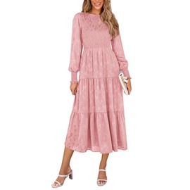 PRETTYGARDEN Women's Fall Midi Dress Long Sleeve Floral Smocked Elegant Wedding Guest Long Flowy Dresses with Pockets (Pink,Small)