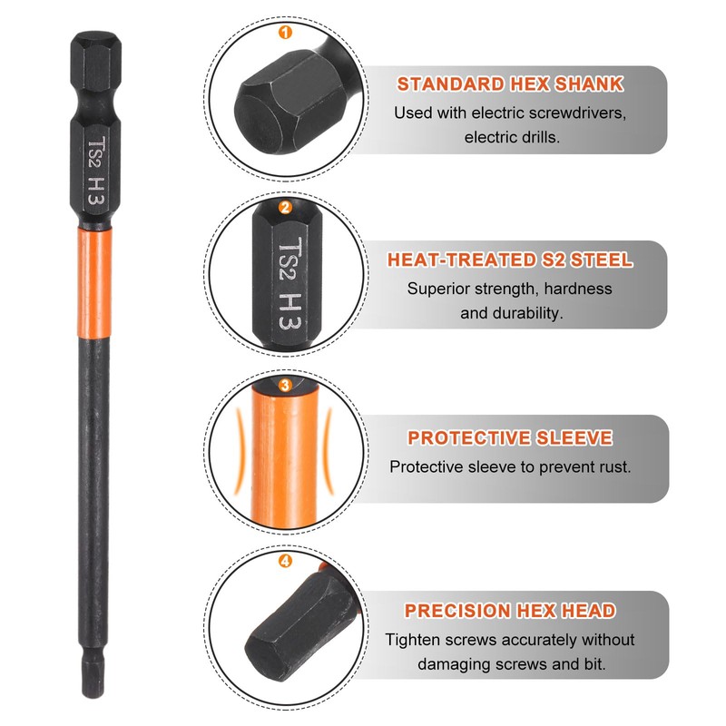 sourcing map 2pcs H3 Hex Head Drill Bit Wrench 3mm
