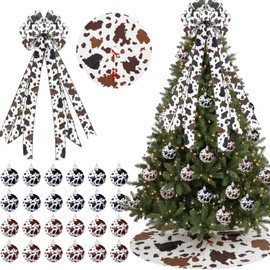 Simgoing 26 Pcs Cowhide Printed Christmas Tree Decoration Western Cow Tree Topper Bow Plastic Ornament Balls and Skirt for Country Western Party Decorations Xmas Holiday Rustic Farm Decor