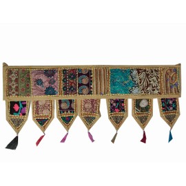 INDIAN CRAFT CASTLE Cotton Vintage Patchwork Door Hanging Valance Window Hand Embroidered Toran Bohemian Decor Living Room Wall Home Handmade Thoranam Bandanwar Decorations (Camel Brown, 2 Meter)