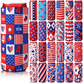 Tioncy 24 Pcs 12oz 4th of July Beer Can Sleeves Independence Day USA Pattern Beer Can Coolies Patriotic Decorations in Bulk for Soda Cover Coolers Party Supplies (Star Style,6 x 3.5 Inches)