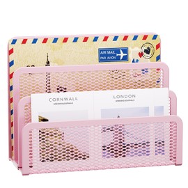 Marbrasse Mail Organizer for Desk, 3-Slot Mesh Metal Mail Holder countertop, Letter Holder, Office Desktop Envelope and Document Storage Rack (Pink)