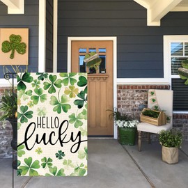 AVOIN colorlife St Patricks Day Garden Flag 12x18 Inch Double Sided Outside, Hello Lucky Shamrocks Clovers Holiday Yard Outdoor Flag
