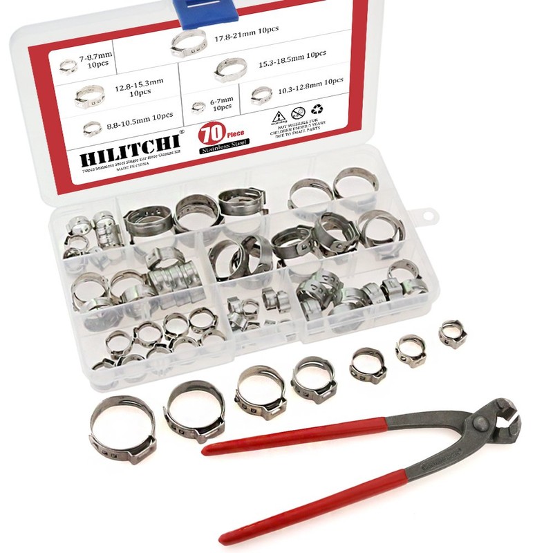 Hilitchi 70pcs Stainless Steel Single Ear Hose Clamps with Ear