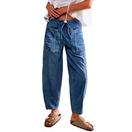 EZAPINE Barrel Jeans for Women Wide Leg Pants Cropped Denim Pants Y2k Baggy Boyfriend Jeans with Pockets Blue