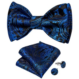 DiBanGu Black Blue Bow Ties for Men Paisley Silk Bow Tie Pocket Square Cufflinks Wedding Business Party