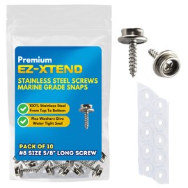 EZ-Xtend Stainless Steel Screws 5/8" #8 Marine Grade Snap Fasteners Kit. Includes 10 pcs of Screw in Snap Fasteners, 10 Flexible Clear PVC Vinyl Backing Washers