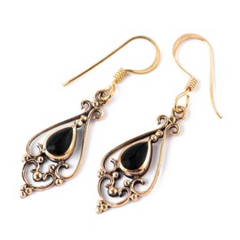 WINDALF Venus Women's Earrings 3.9 cm Black Onyx Bronze, Fabric jewellery bag, Onyx