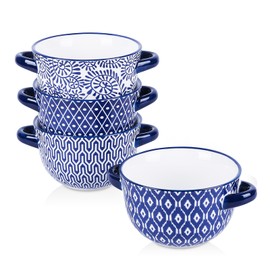 Selamica Ceramic Soup Bowls with Handles, French Onion Soup Crocks 20 OZ, Oven Safe Soup Bowls for French Onion, Chili, Beef Stew, Cereal, Pot Pies, Set of 4, Vintage Blue