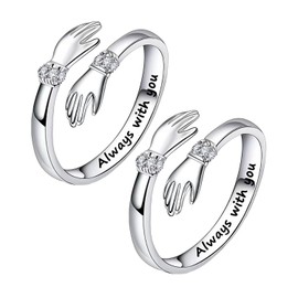 BEIBXHQQ 2 Piece Rings, Silver Women's Hug Rings, Adjustable Rings, Engraved Open Rings, Friendship Rings, Couple Rings, Mother and Daughter Rings, Diamond Rings for Women Jewelry