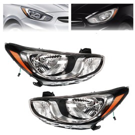 Tsomony - Pair For 2012 2013 2014 Hyundai Accent Sedan Halogen Left+Right Headlights Headlamps Black Housing Replacement Driver&Passenger Side Clear Lens