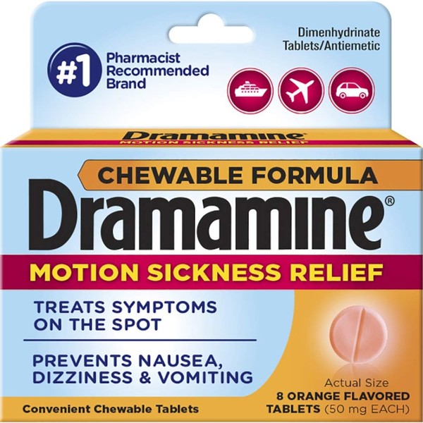 Dramamine Chewable Formula Motion Sickness Relief, 8 Orance Flavored Tablets each (Value Pack of 12)
