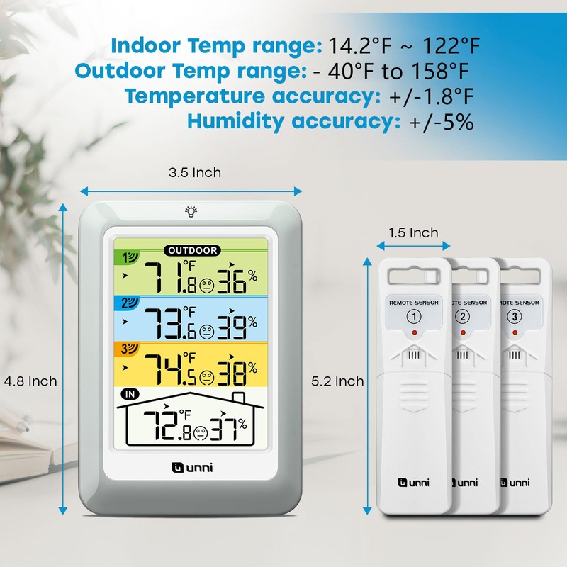 Indoor Outdoor Thermometer Wireless with 3 Sensors, 4.5 Inch Display