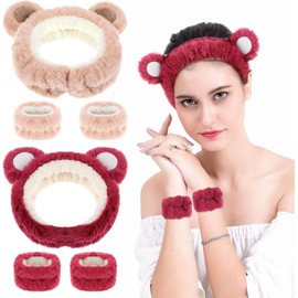 2Pcs Skincare Headband and Wristband Set, Cute Bear Ears Face Wash Headband, Soft Furry Headband for Washing Face, Skincare Headband and Wrist Bands for Washing Face (Khaki+ Rose, One size)