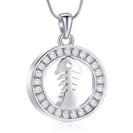 Hearbeingt Fishbone Cremation Jewelry for Ashes, Memorial Urn Necklace for Human Pet Stainless Steel Keepsake Pendant for Men Women(Silver-1)