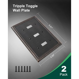 TREEWELL 2-Pack Triple Toggle Light Switch Cover Plate, Pearls Decorative Switch Plate Covers, Aged Bronze 3 Gang Metal Wall Plate, Corrosion Resistant