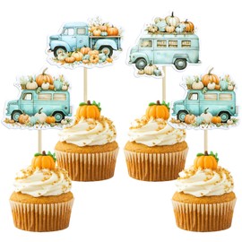Ephlyn 36Pcs Pumpkin Truck Cupcake Toppers Fall Harvest Pumpkin Truck Cupcake Picks for Fall Harvest Theme Thanksgiving Party Birthday Decorations Supplies Blue