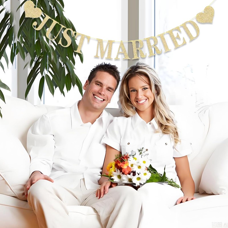 Just Married Banner Decorations Gold, Just Married Bunting Garland Glitter