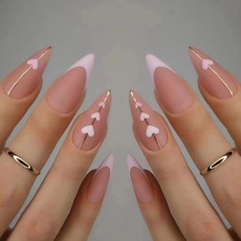 Pink French Tip Press on Nails Heart Fake Nails with Gold Line Design Love Glue on Nails Glossy Acrylic Full Cover Nude Pink Stick on Nails Medium Stiletto False Nails for Women Manicure