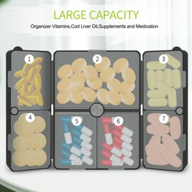 FYY Daily Pill Organizer,7 Compartments Portable Pill Case Travel Pill Organizer,[Folding Design] Large Pill Box for Purse Pocket to Hold Vitamins,Cod Liver Oil,Supplements and Medication-Clear Black