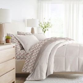 LINENS & HUTCH Bedding Bundle, Reversible Microfiber Comforter Set and Patterned Sheet Set - Twin Natural/Latte