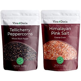 Viva Doria Tellicherry Whole Black Peppercorns, 12 oz & Himalayan Pink Salt, Coarse Grain, 2 lb | Salt and Pepper Combo, For Grinder Refills, 2 Piece Set