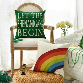 AVOIN Happy St Patricks Day Saying Shamrock Throw Pillow Cover, 20 x 20 Inch Watercolor Rainbow Lucky Clover Cushion Case for Sofa Couch Set of 4